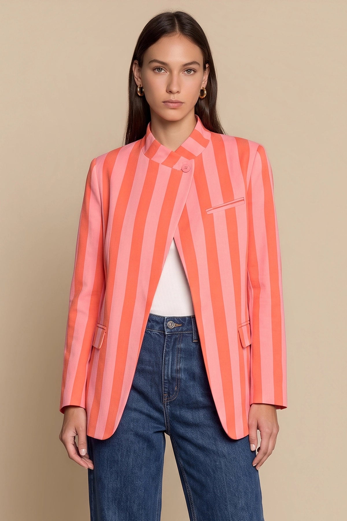 Womens Pinkish Orange  Professional Striped Blazer | CicyBell