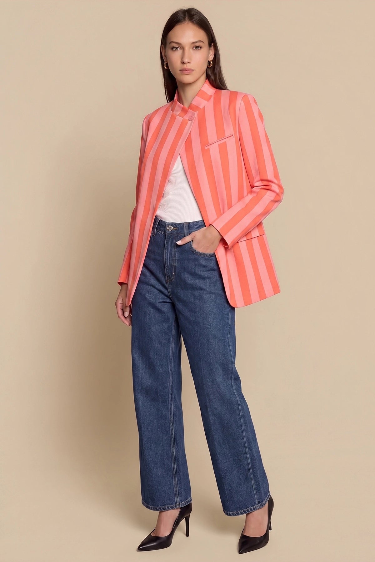 Womens Pinkish Orange  Professional Striped Blazer | CicyBell