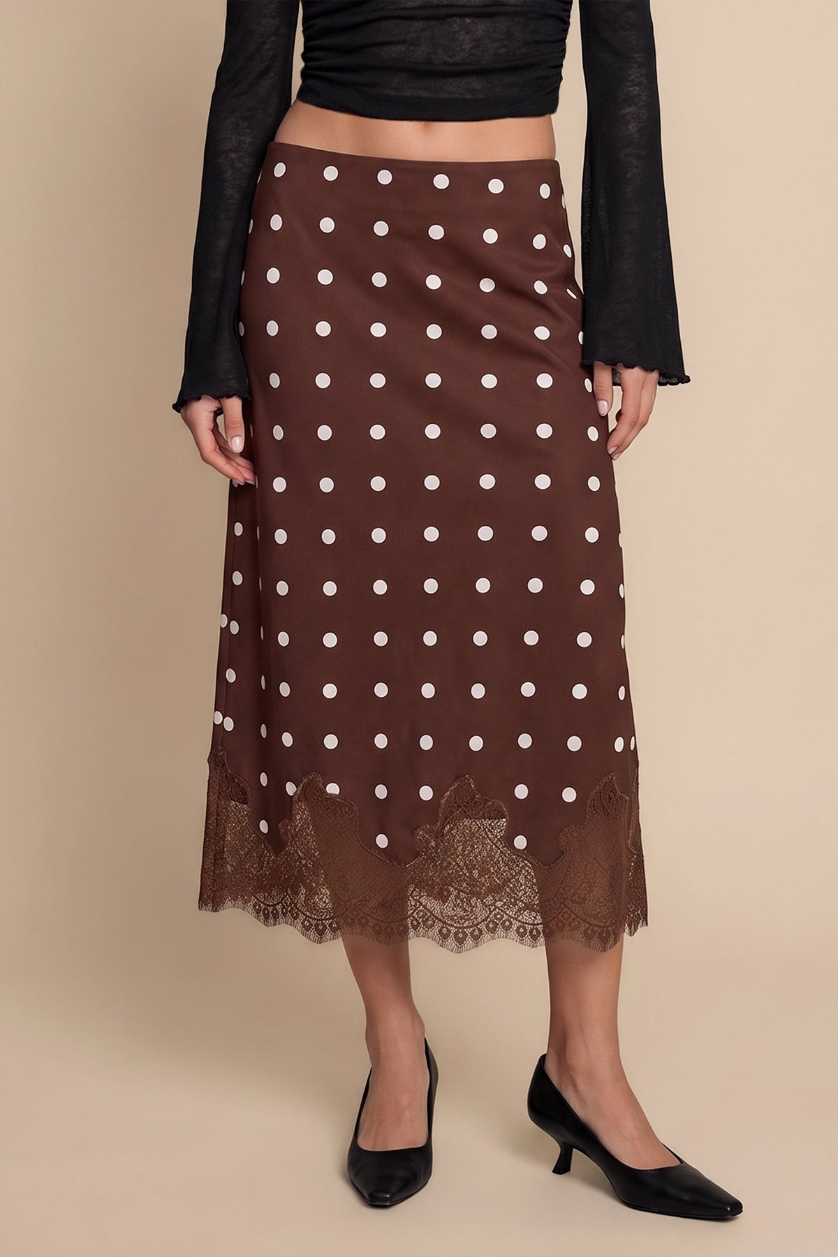 Womens Polka Dot Coffee Silk Satin Midi Skirts | CicyBell