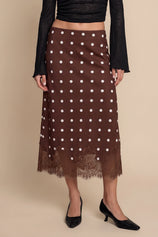 Womens Polka Dot Coffee Silk Satin Midi Skirts | CicyBell