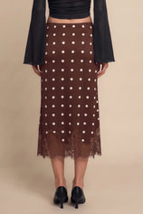 Womens Polka Dot Coffee Silk Satin Midi Skirts | CicyBell