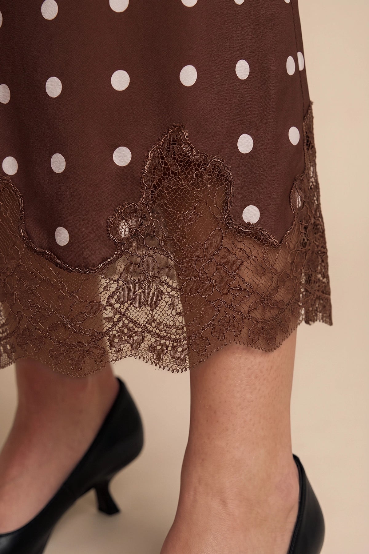 Womens Polka Dot Coffee Silk Satin Midi Skirts | CicyBell