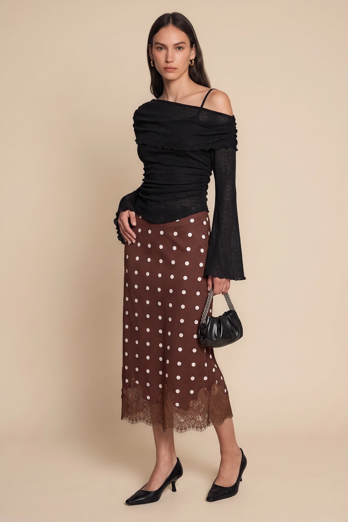 Womens Polka Dot Coffee Silk Satin Midi Skirts | CicyBell