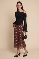 Womens Polka Dot Coffee Silk Satin Midi Skirts | CicyBell