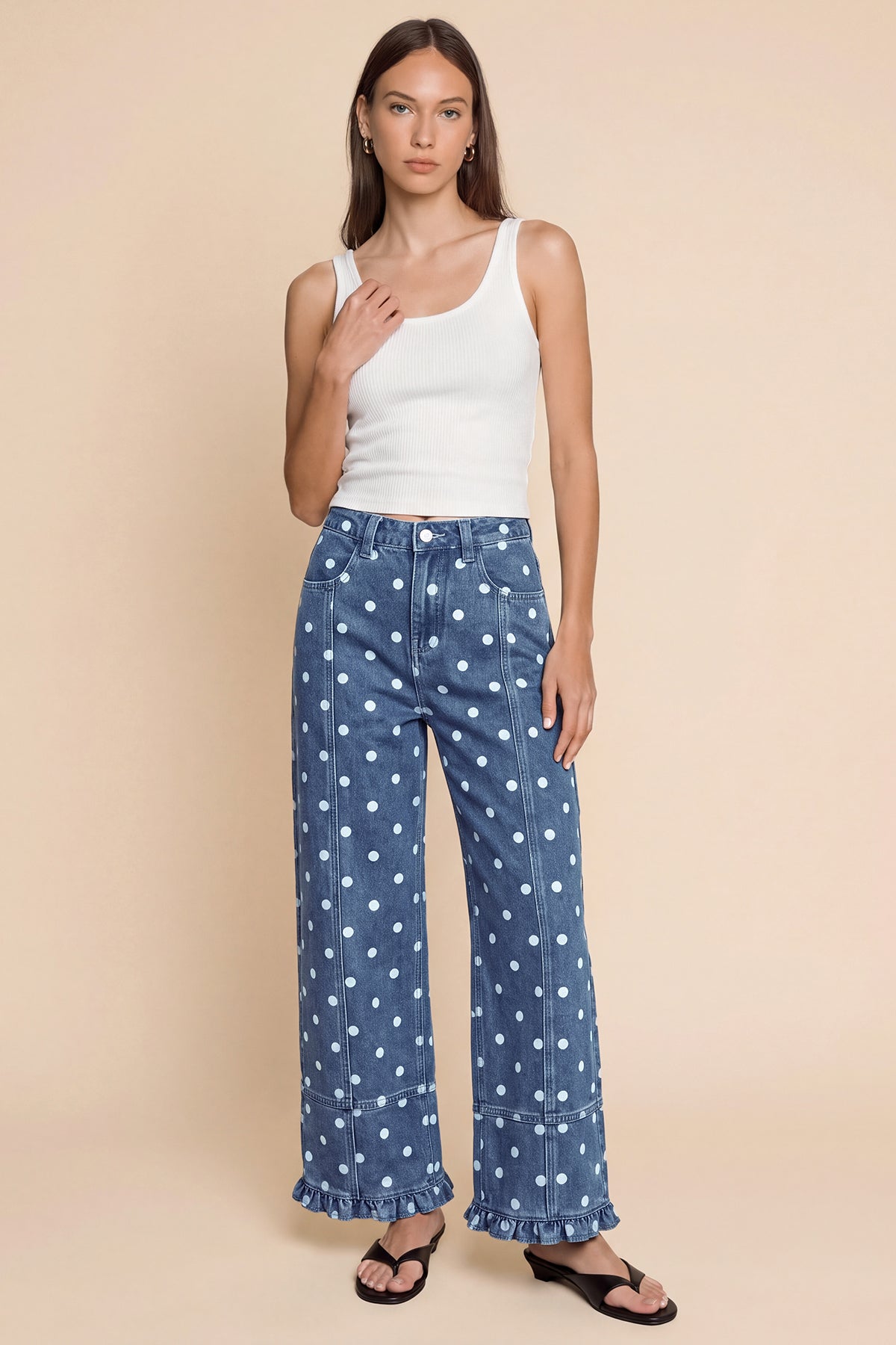 Womens Polka Dots High Waisted Wide Leg Jeans | CicyBell