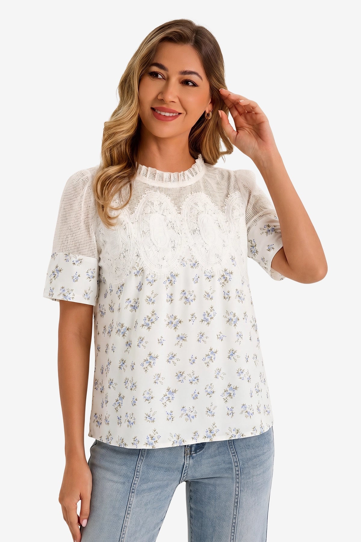 Womens Printed White Flowy Lace Blouses | CicyBell