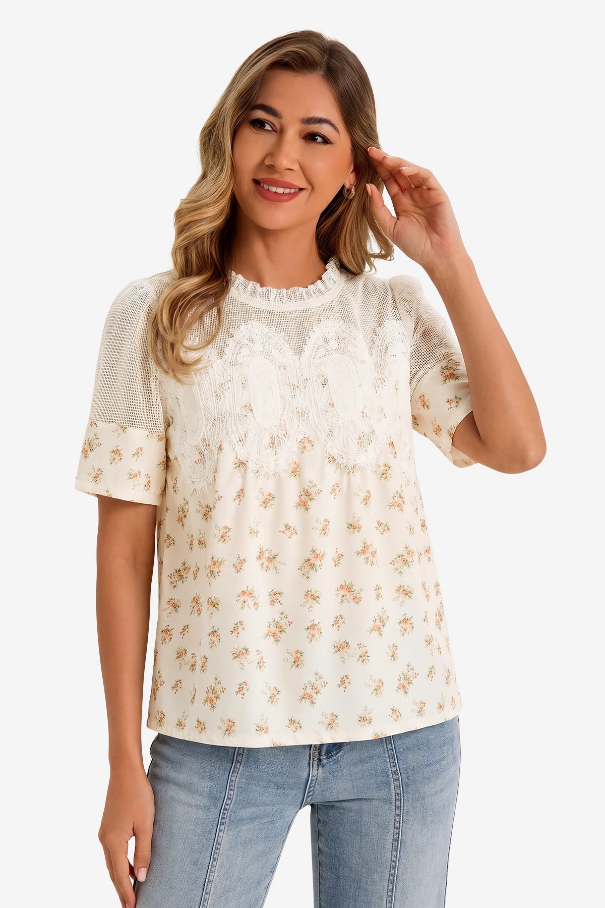 Womens Printed Yellow Flowy Lace Blouses | CicyBell
