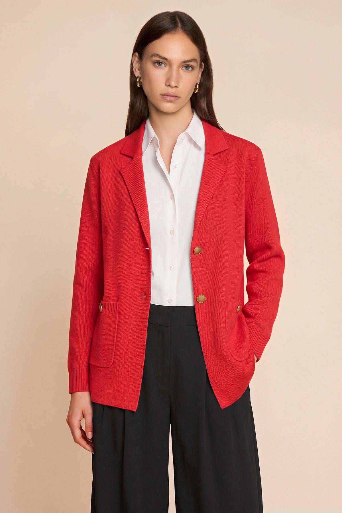 Womens Red Long Sleeve Sweater Blazer | CicyBell