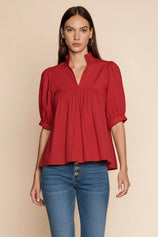 Womens Red Puff Sleeve V Neck Blouse | CicyBell