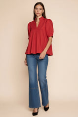 Womens Red Puff Sleeve V Neck Blouse | CicyBell