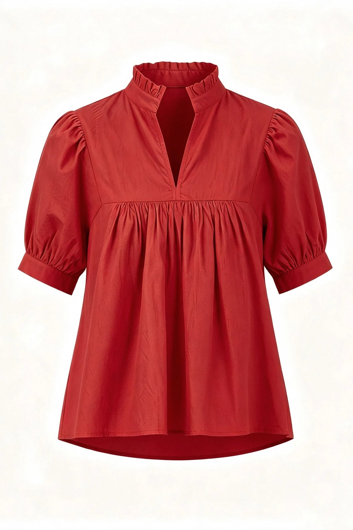Womens Red Puff Sleeve V Neck Blouse | CicyBell