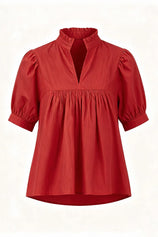 Womens Red Puff Sleeve V Neck Blouse | CicyBell