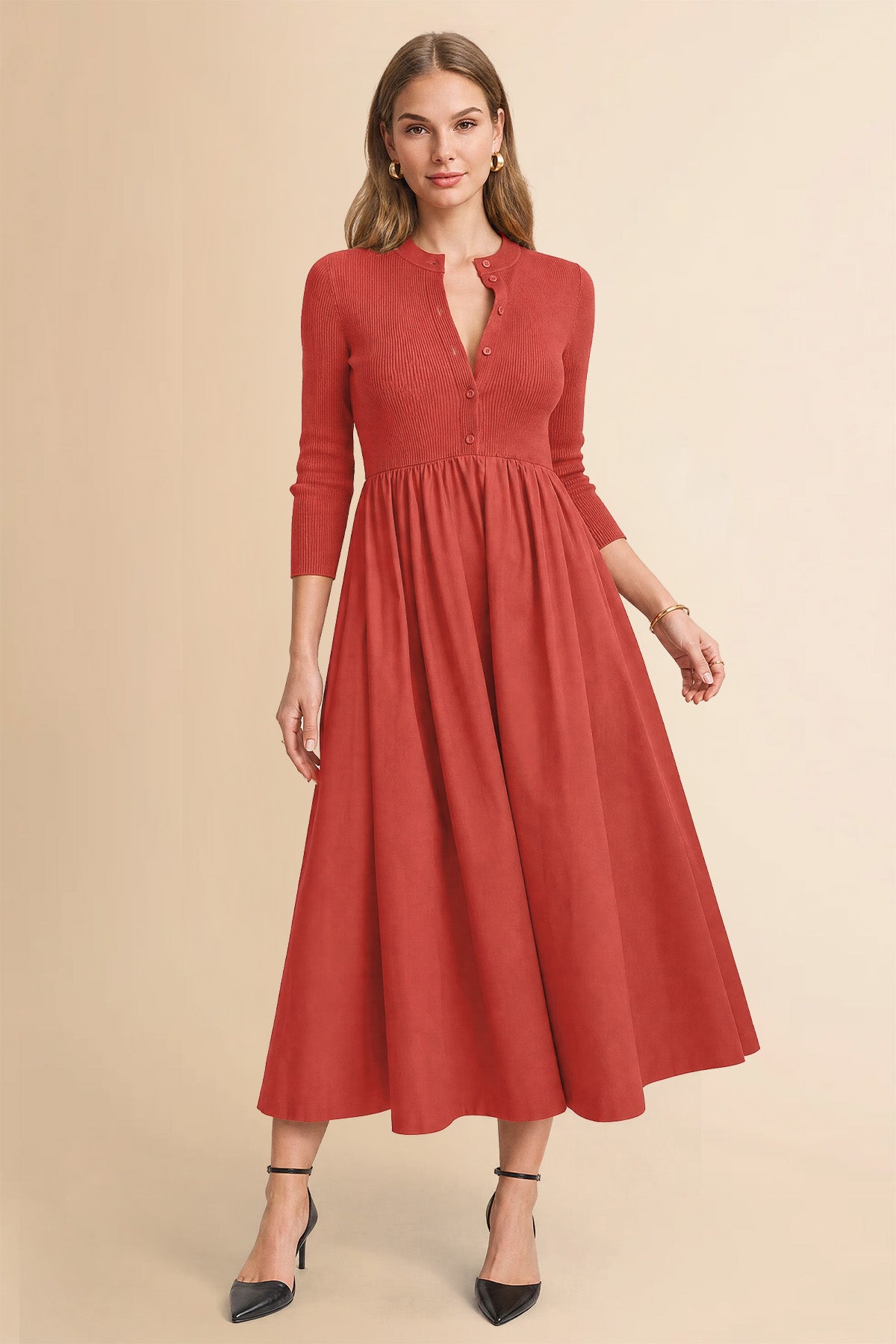 Womens Red Long Sleeve A-Line Midi Dress| CicyBell