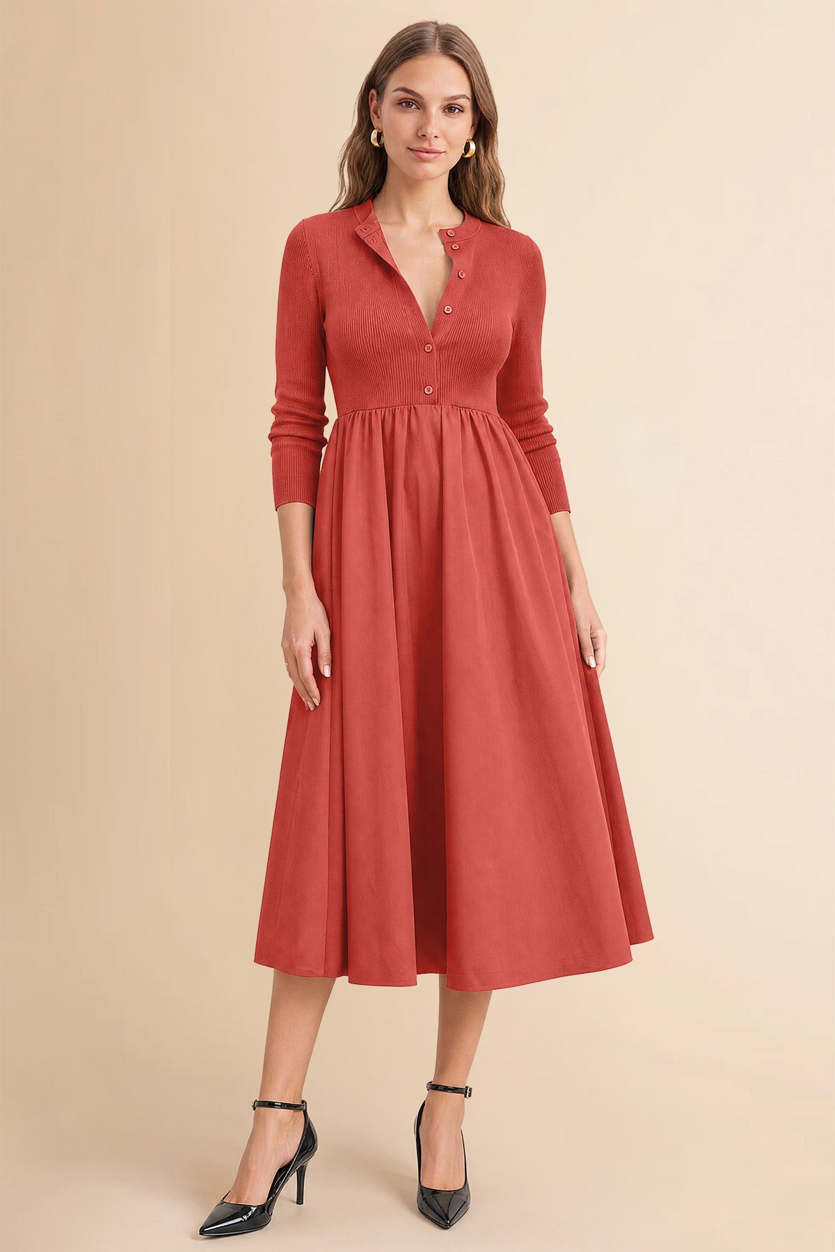Womens Red Long Sleeve A-Line Midi Dress| CicyBell