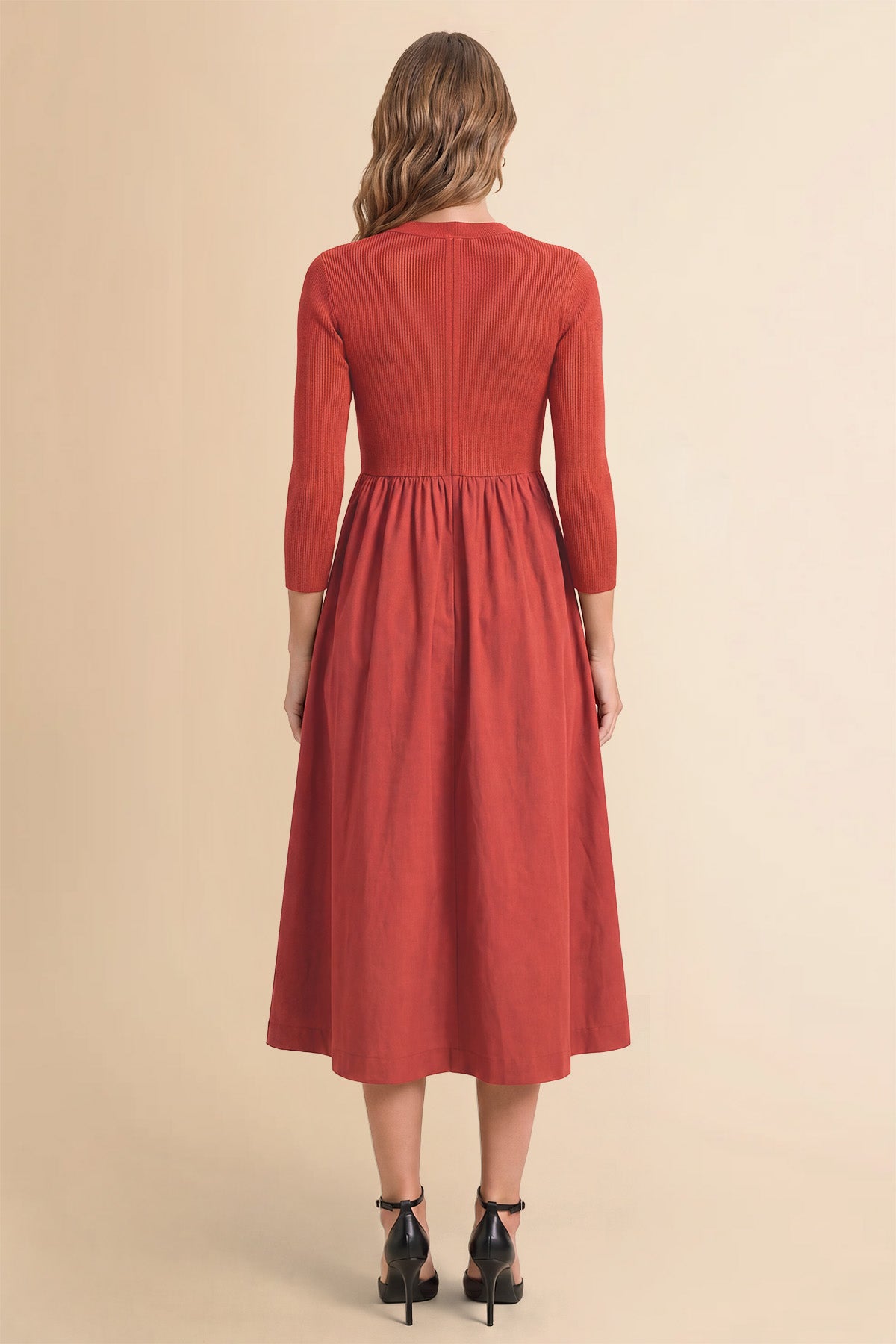 Womens Red Long Sleeve A-Line Midi Dress| CicyBell