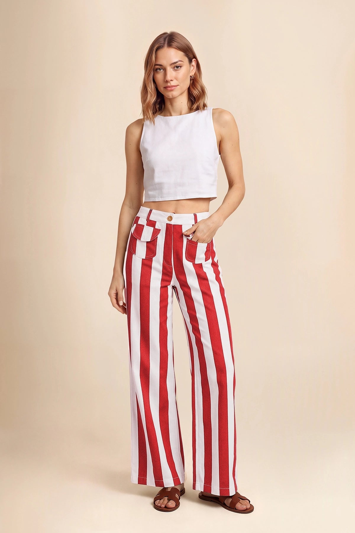 Womens Red Striped Wide Leg Jeans | CicyBell