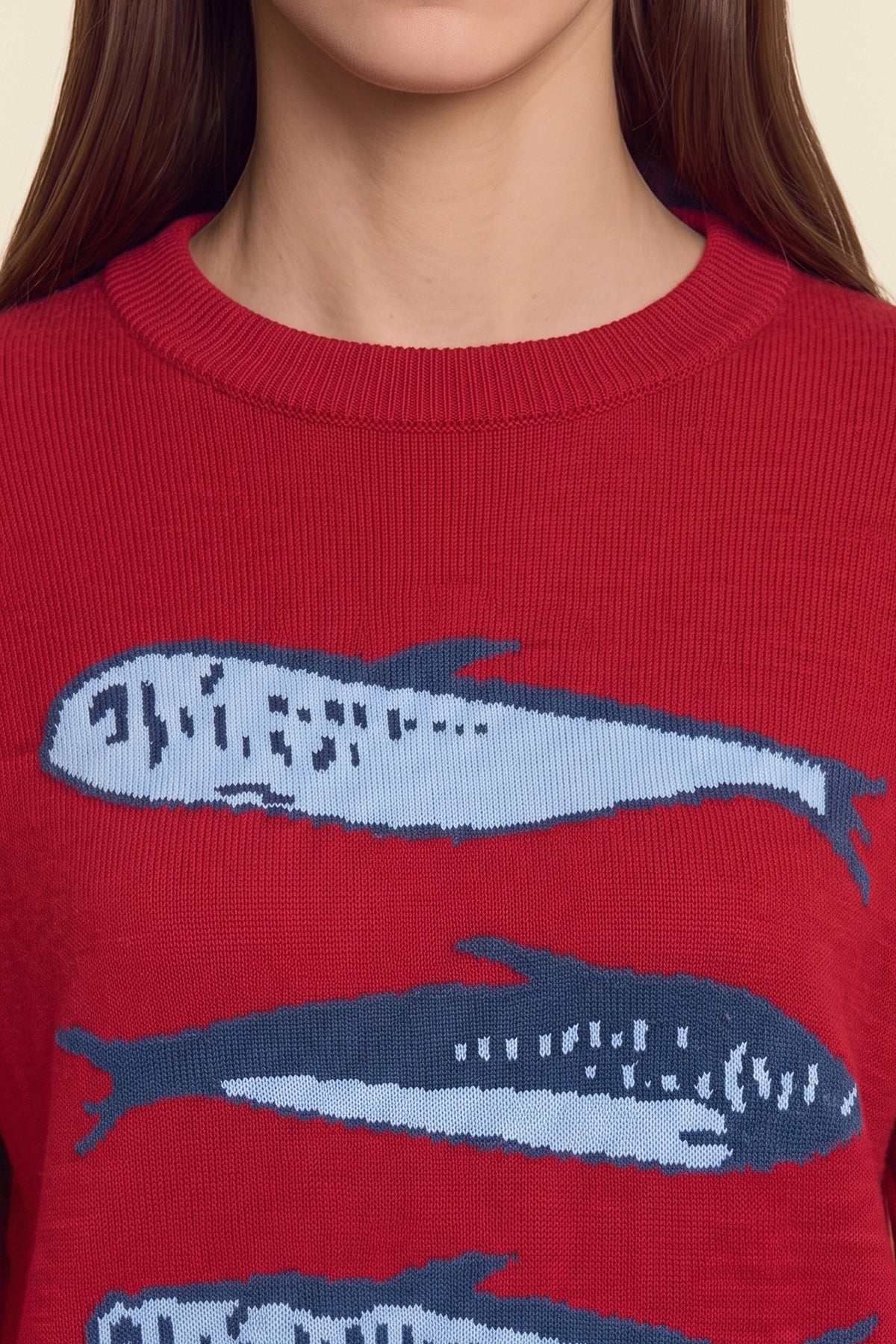 Womens Red Fish Graphic Knit Sweaters | CicyBell