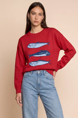 Womens Red Fish Graphic Knit Sweaters | CicyBell