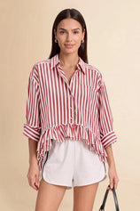 Cicy Bell Womens Red Ruffle Striped Shirts