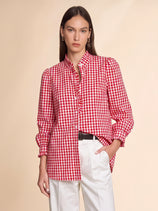 Womens Red Plaid Ruffle V-Neck Shirts | CicyBell