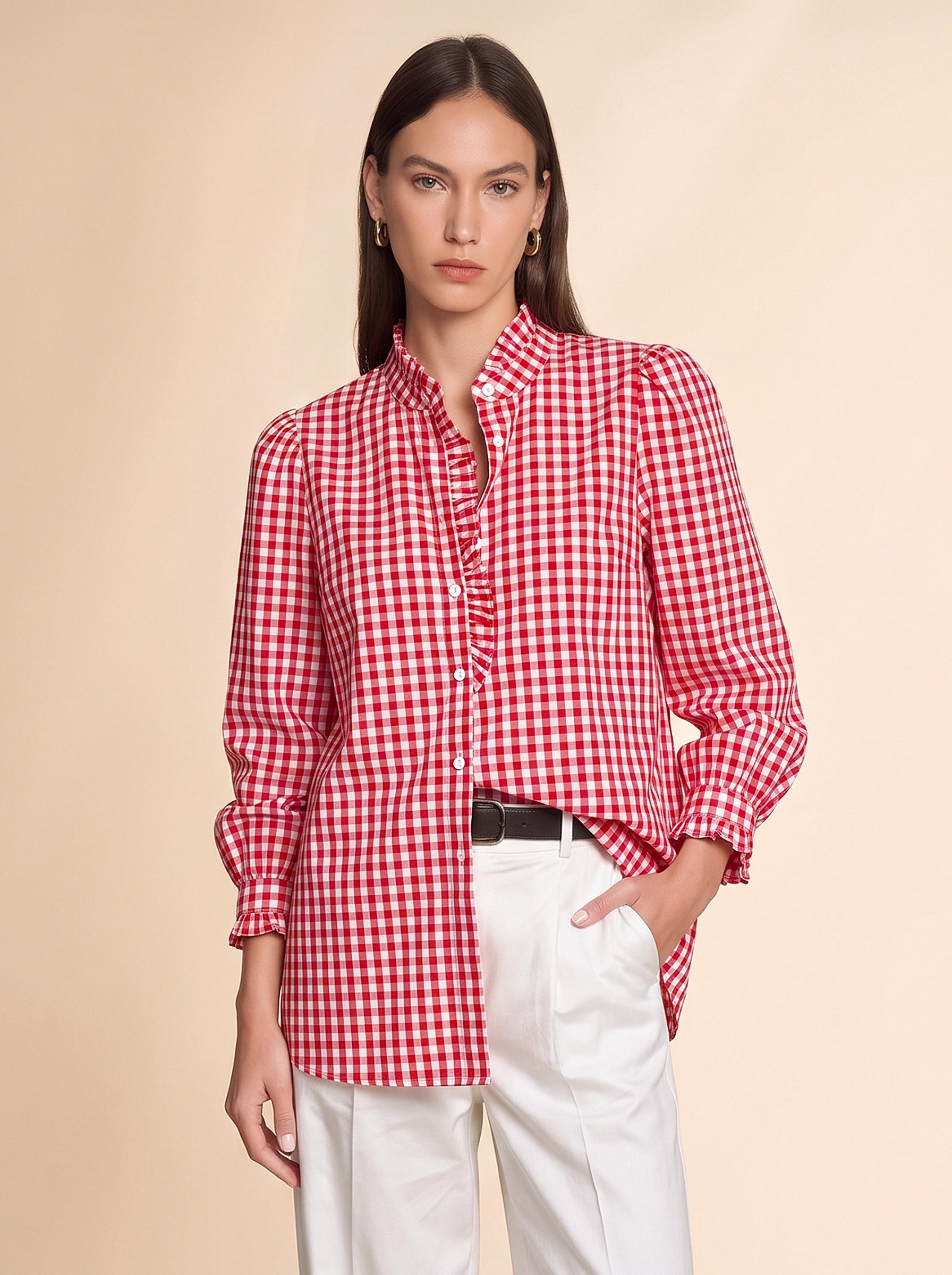 Womens Red Plaid Ruffle V-Neck Shirts | CicyBell