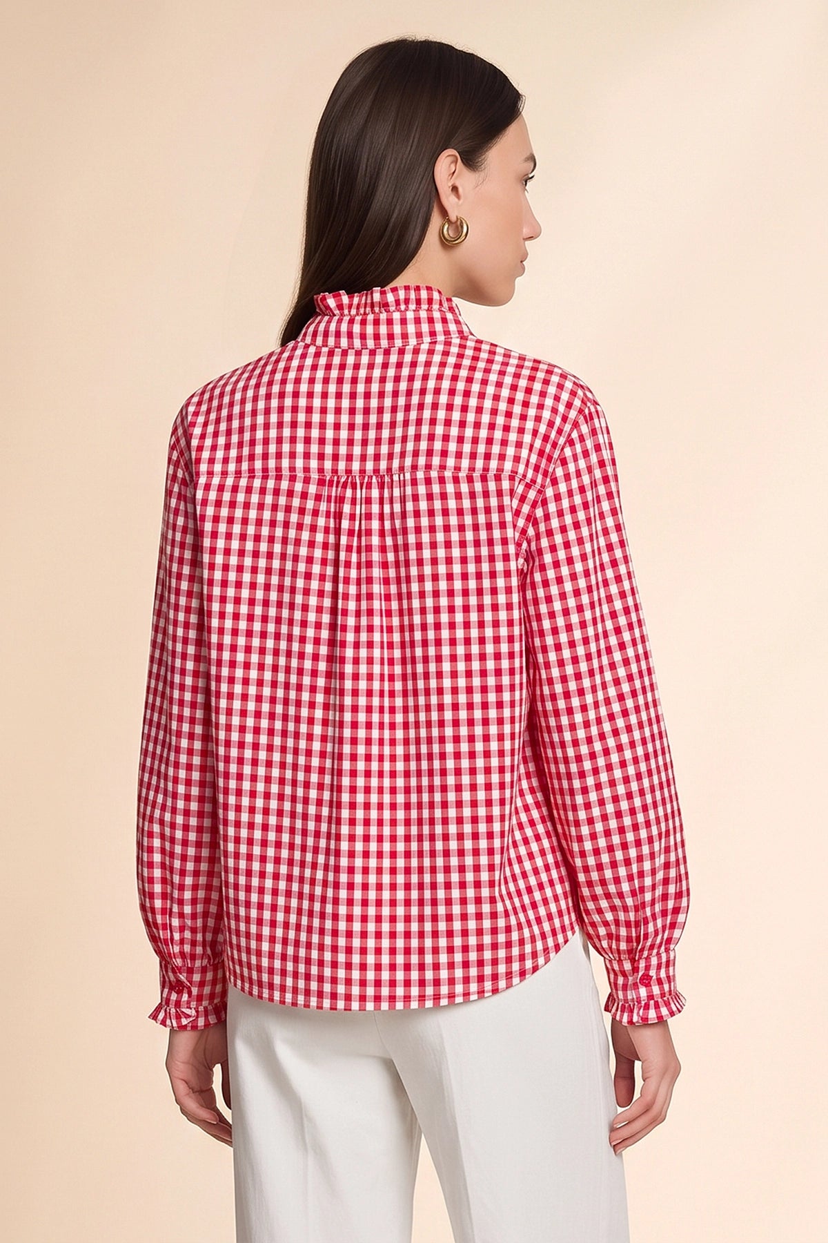 Womens Red Plaid Ruffle V-Neck Shirts | CicyBell