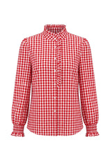 Womens Red Plaid Ruffle V-Neck Shirts | CicyBell