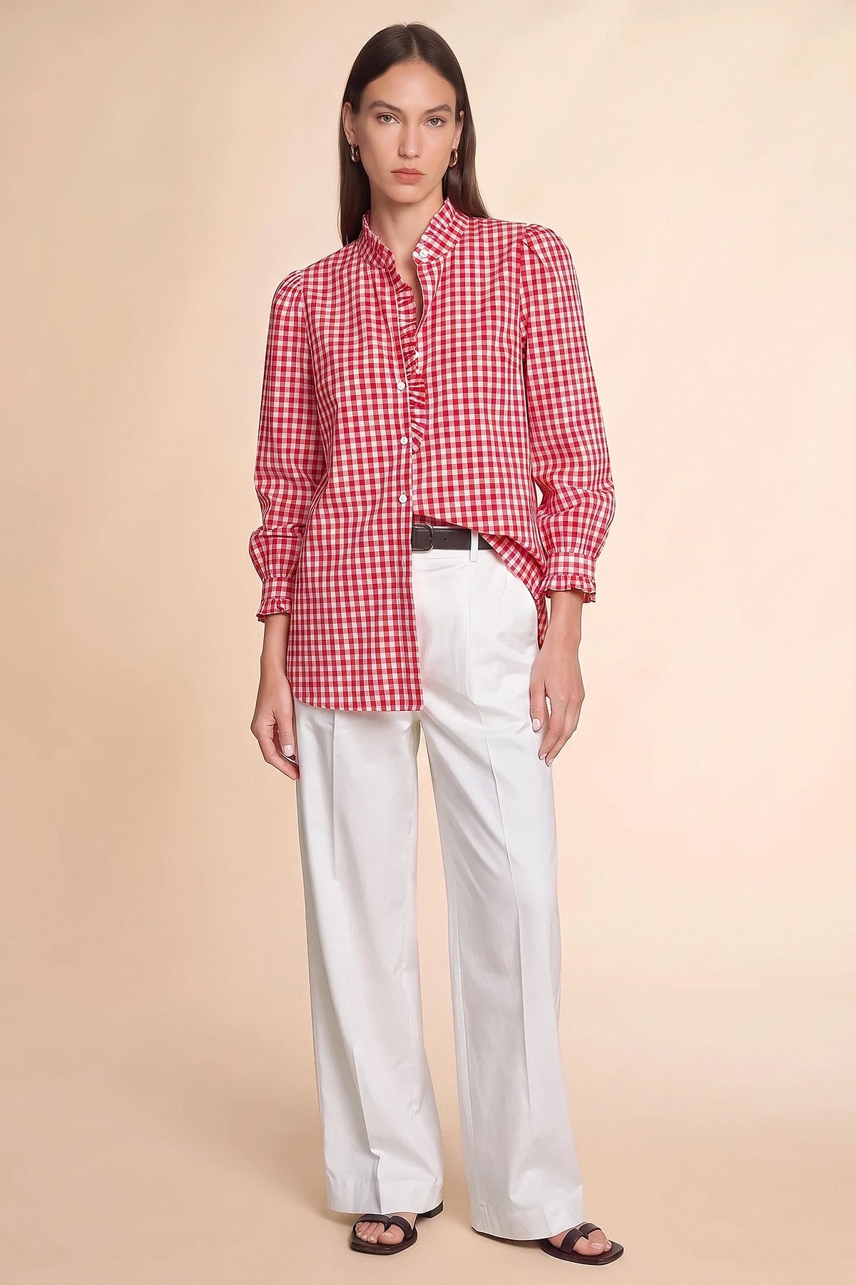 Womens Red Plaid Ruffle V-Neck Shirts | CicyBell