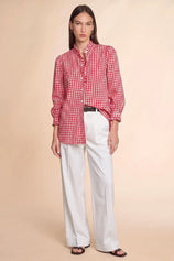 Womens Red Plaid Ruffle V-Neck Shirts | CicyBell