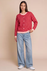 Women Red Striped Button Down Sweater | CicyBell