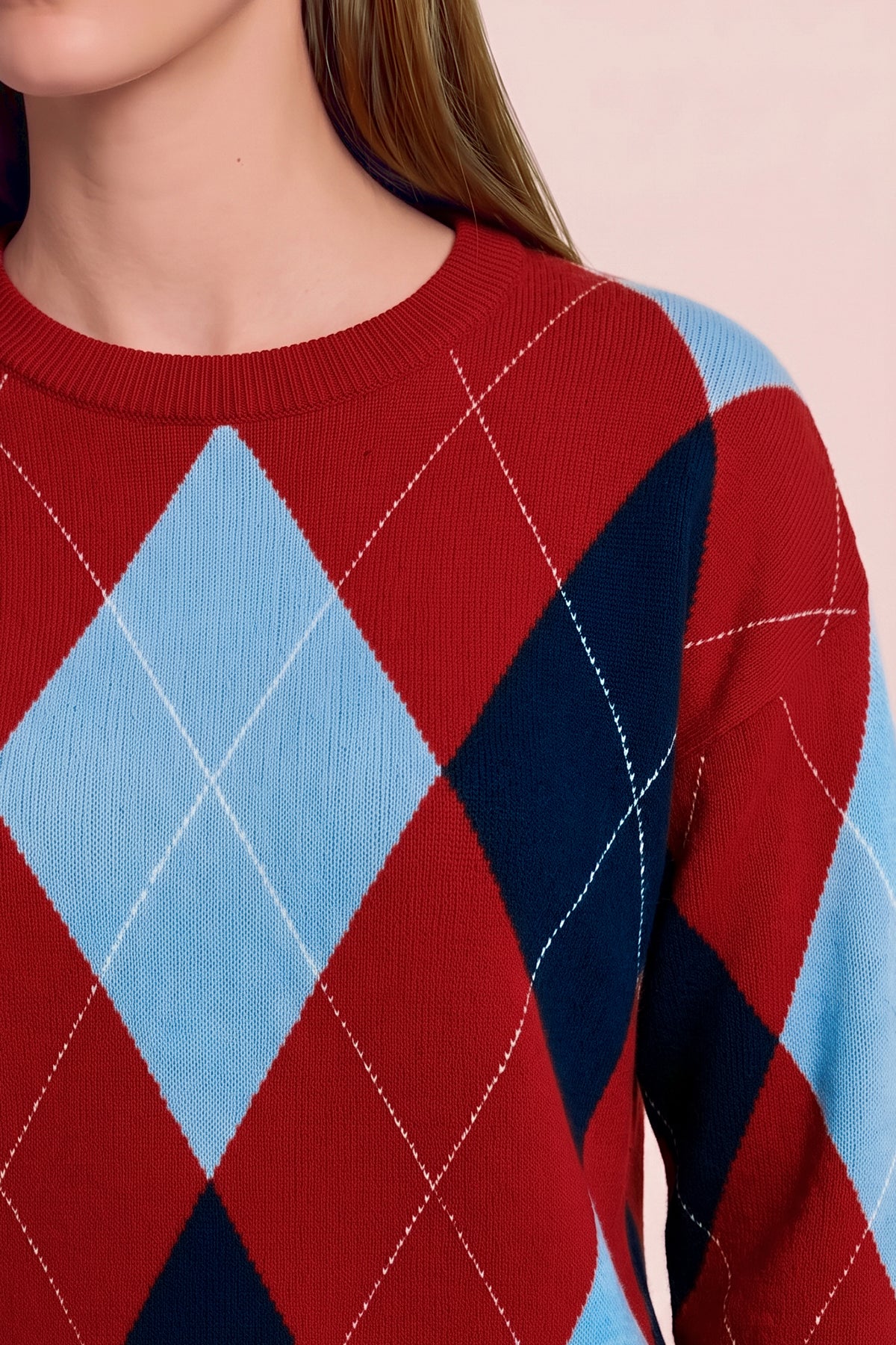 Womens Red  Crew Neck Argyle Sweater | CicyBell