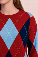 Womens Red  Crew Neck Argyle Sweater | CicyBell