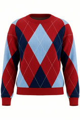 Womens Red  Crew Neck Argyle Sweater | CicyBell