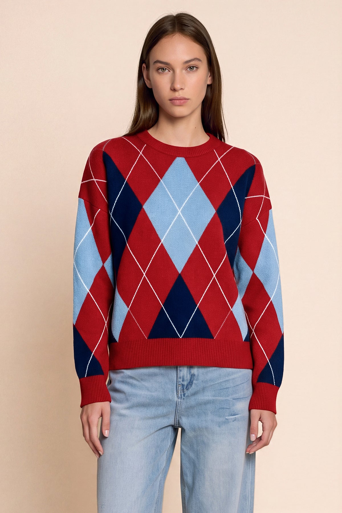 Womens Red  Crew Neck Argyle Sweater | CicyBell