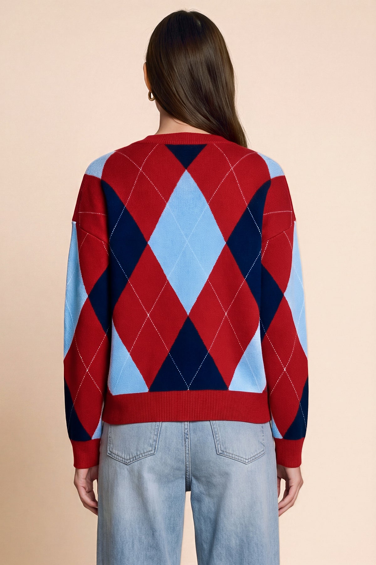 Womens Red  Crew Neck Argyle Sweater | CicyBell