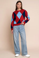 Womens Red  Crew Neck Argyle Sweater | CicyBell