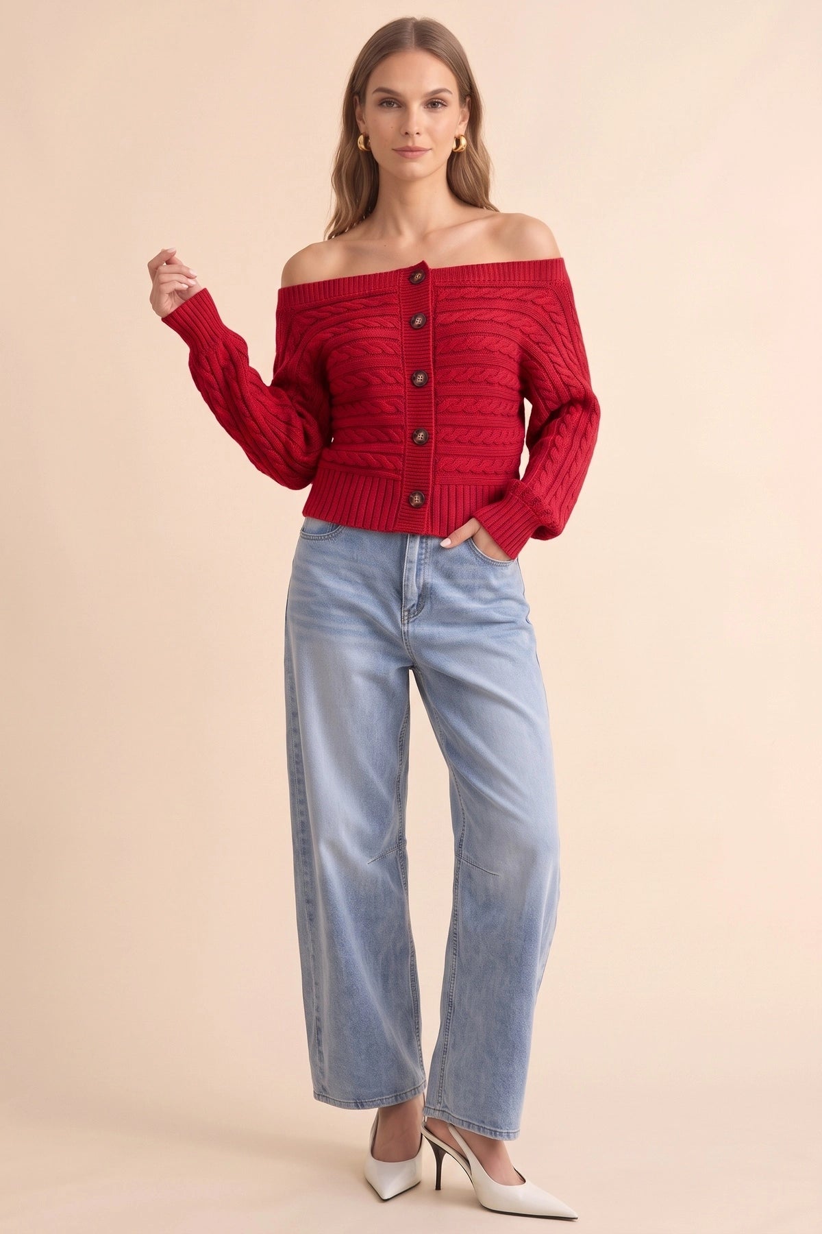 Womens Red Off Shoulder Cardigan | CicyBell