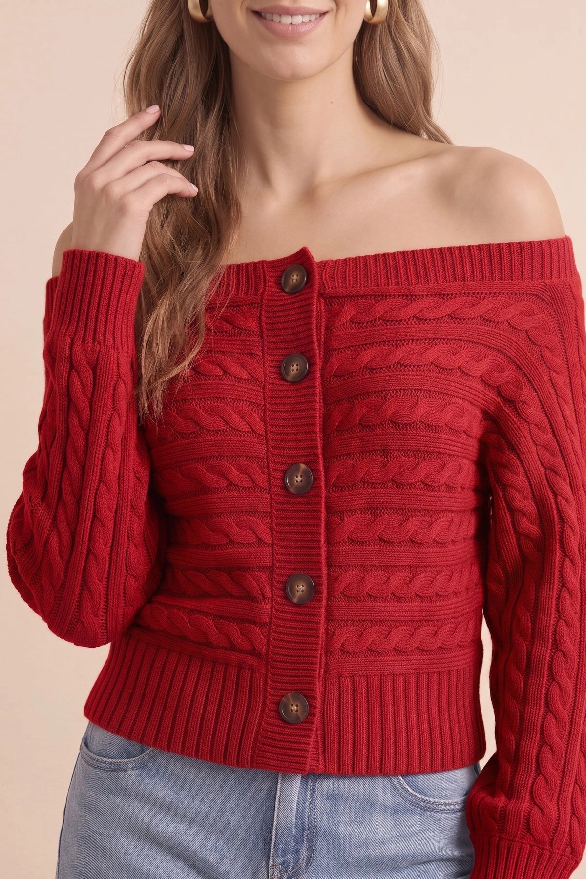 Womens Red Off Shoulder Cardigan | CicyBell