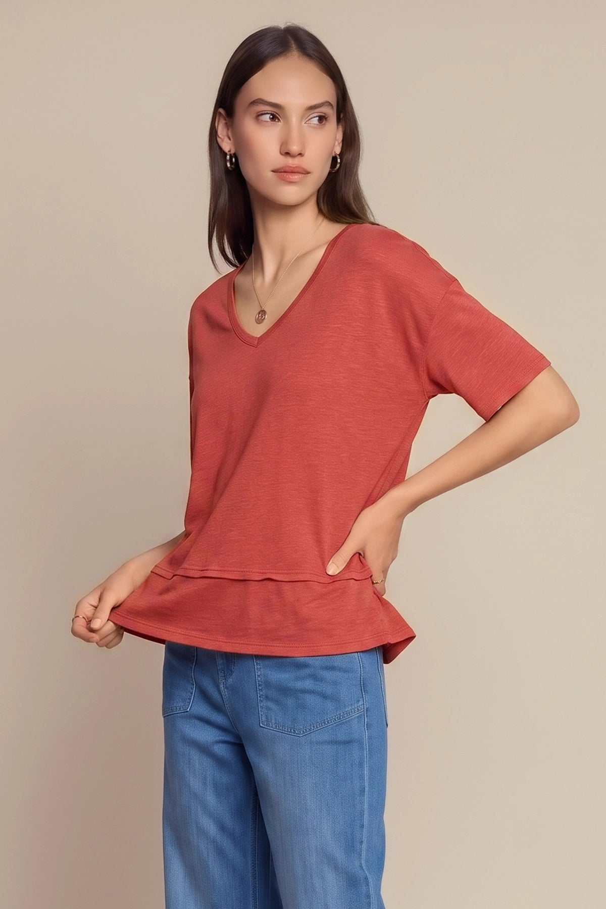 Womens Red Summer V Neck T Shirts | CicyBell