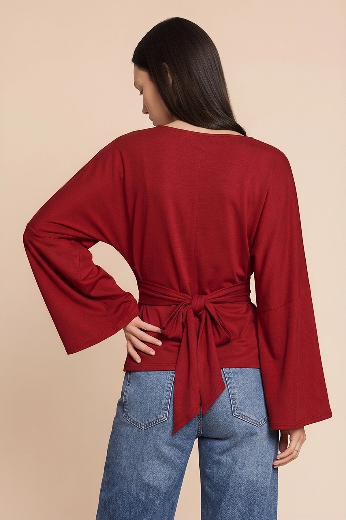 Women Red Long Sleeve Wrap Tops | CicyBell