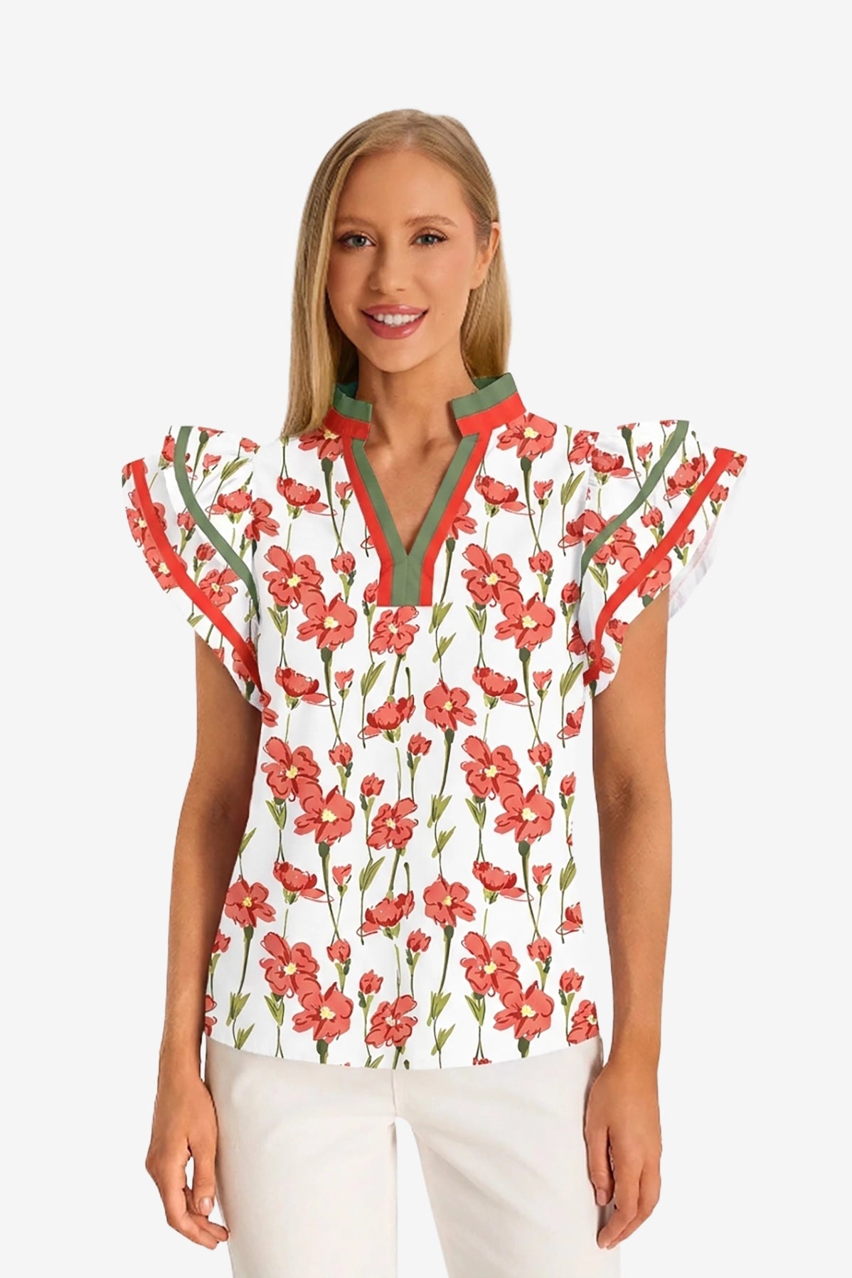 Womens Red Print Ruffle Cap Sleeve Tops | CicyBell