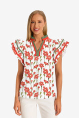 Womens Red Print Ruffle Cap Sleeve Tops | CicyBell