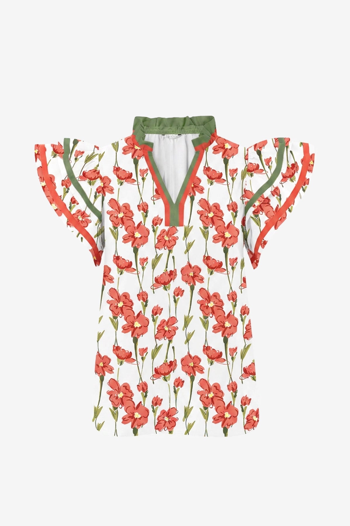 Womens Red Print Ruffle Cap Sleeve Tops | CicyBell