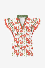 Womens Red Print Ruffle Cap Sleeve Tops | CicyBell