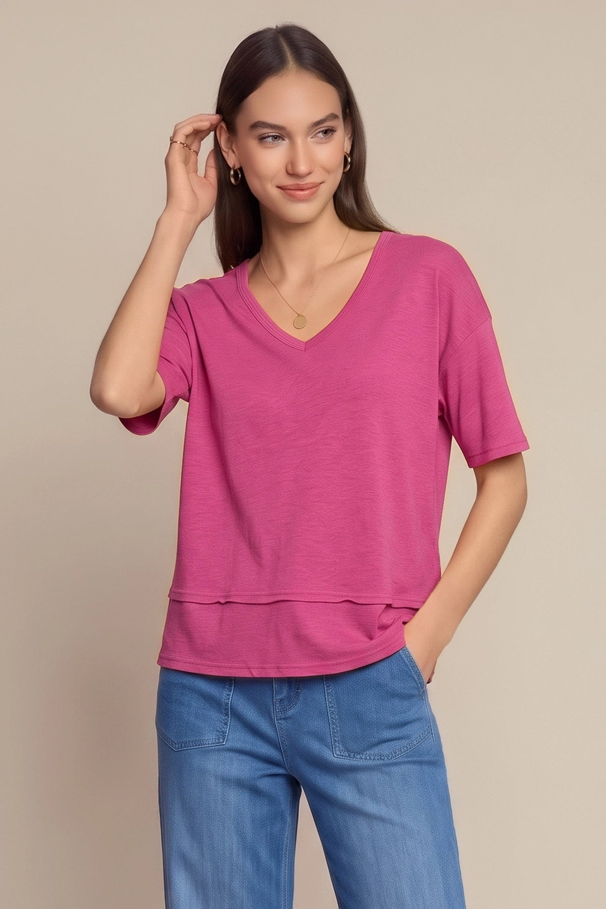 Womens Rose Red Summer V Neck T Shirts | CicyBell