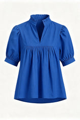 Womens Royal Blue Puff Sleeve V Neck Blouse | CicyBell