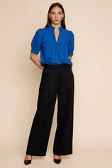 Womens Royal Blue Puff Sleeve V Neck Blouse | CicyBell