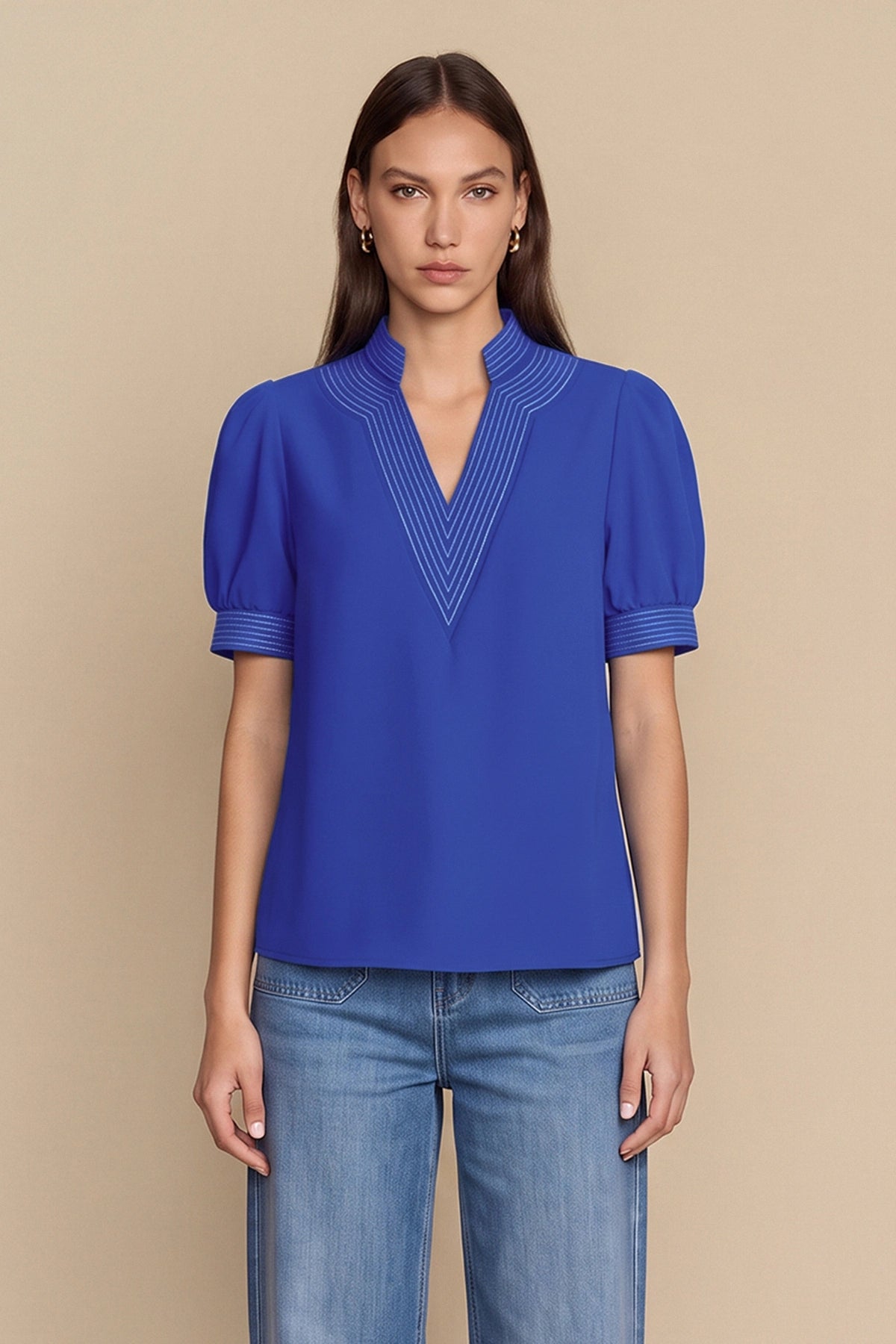 Womens Royal Blue Puff Short Sleeve Blouses | CicyBell