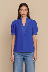 Womens Royal Blue Puff Short Sleeve Blouses | CicyBell