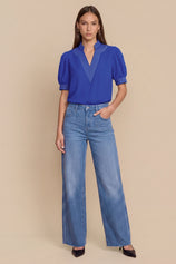 Womens Royal Blue Puff Short Sleeve Blouses | CicyBell